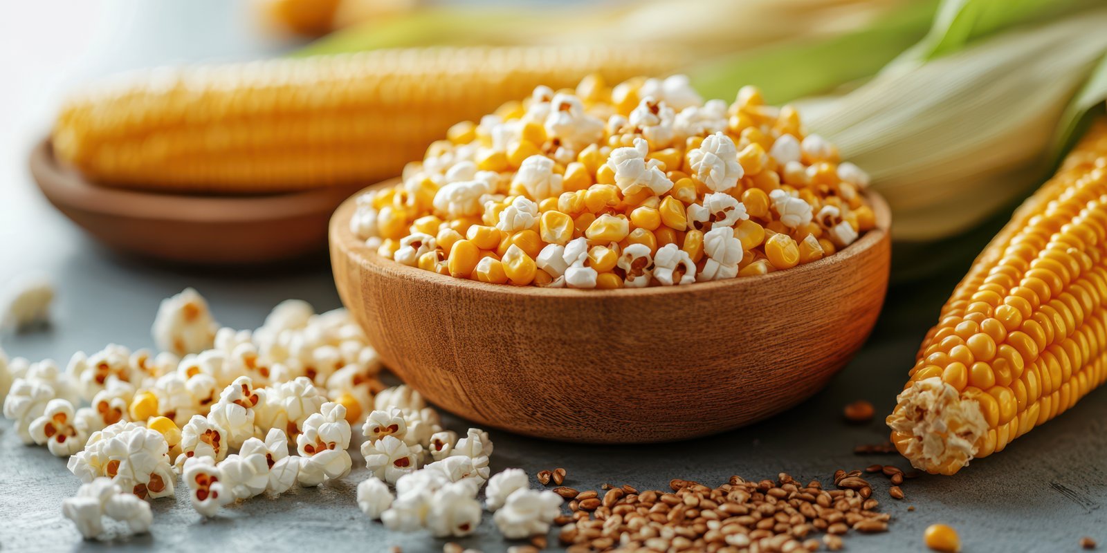 Fresh popcorn kernels and popped corn scattered around ears of corn in a rustic kitchen setting during summer harvest season